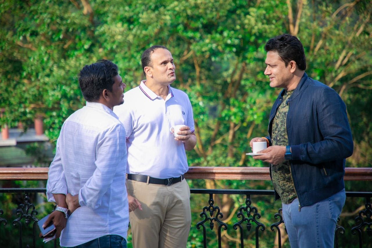 Executive conversation on a balcony